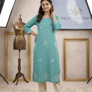 Women's Aqua Blue Muslin Silk Kurti – Intricate Floral Embroidery & Sequin Work, Straight Fit